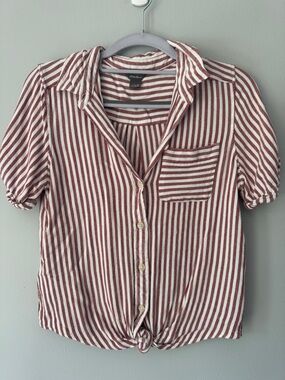 Eddie Bauer Striped Button-Front Tie-Hem Top - White & Burgundy
